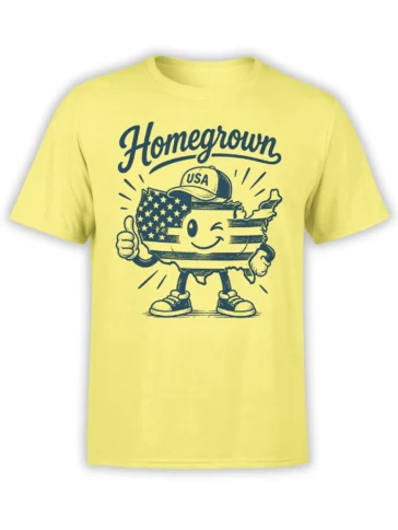 Yellow USA patriotic T-shirt with a smiling map character, stars, USA cap, and Homegrown lettering