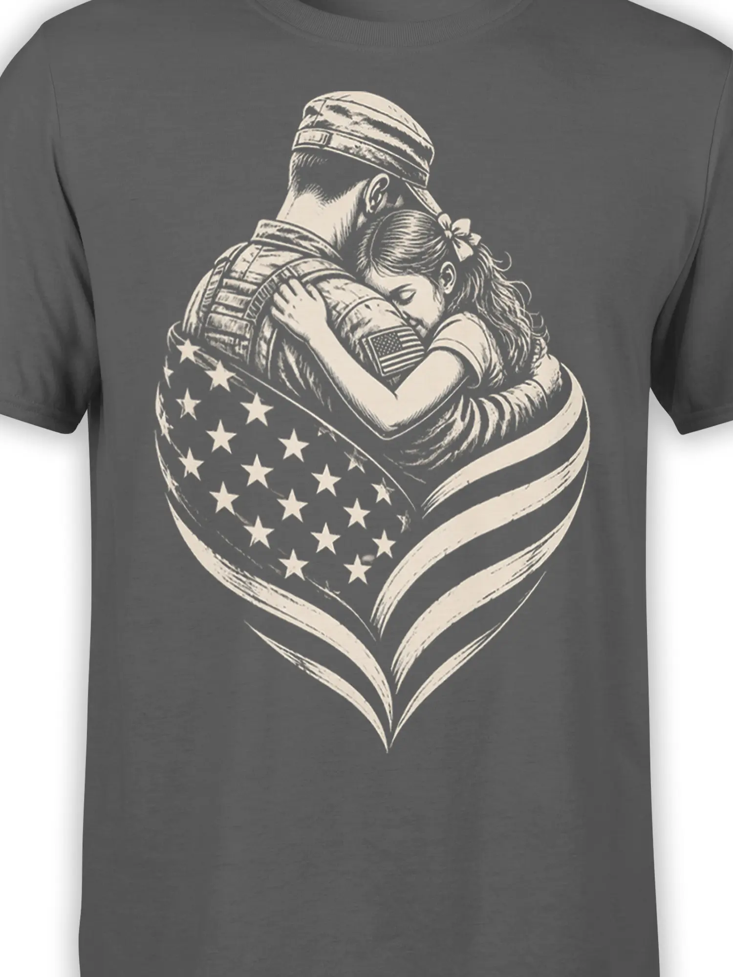 Close-up of soldier and woman embracing inside a detailed American flag heart on a gray shirt