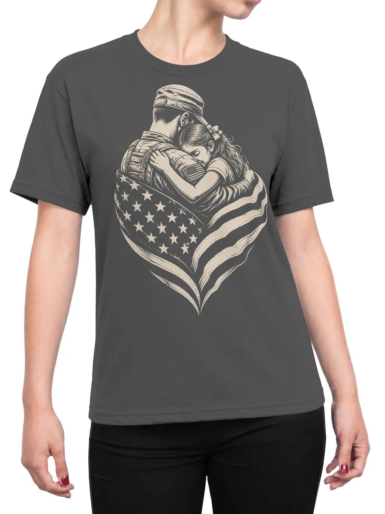 Female torso wearing a gray T-shirt with a soldier embrace and American flag heart design