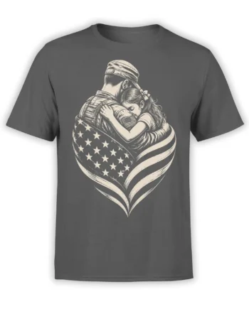 Gray T-shirt with a vintage illustration of a soldier embracing a woman inside an American flag heart