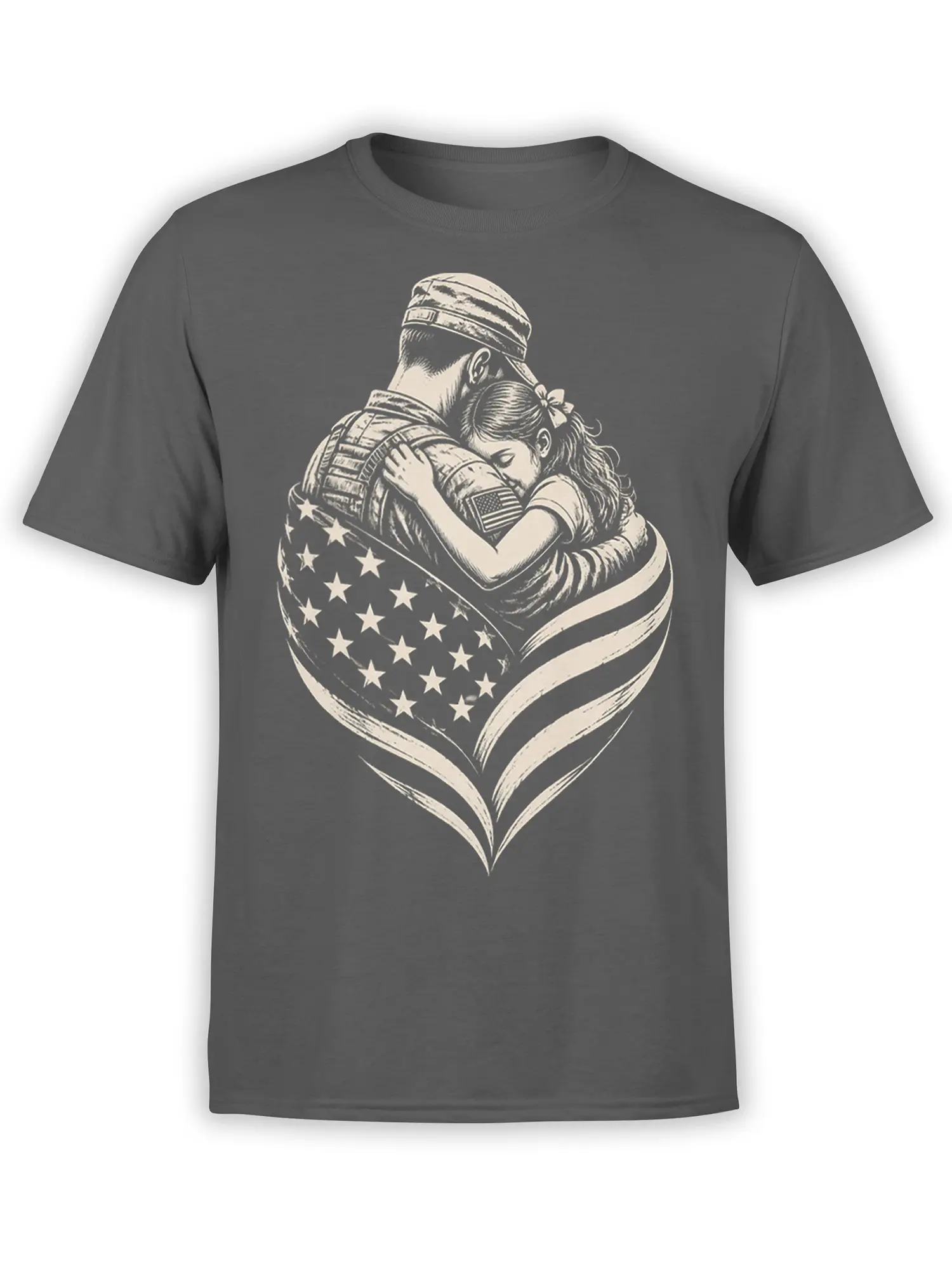 Gray T-shirt with a vintage illustration of a soldier embracing a woman inside an American flag heart