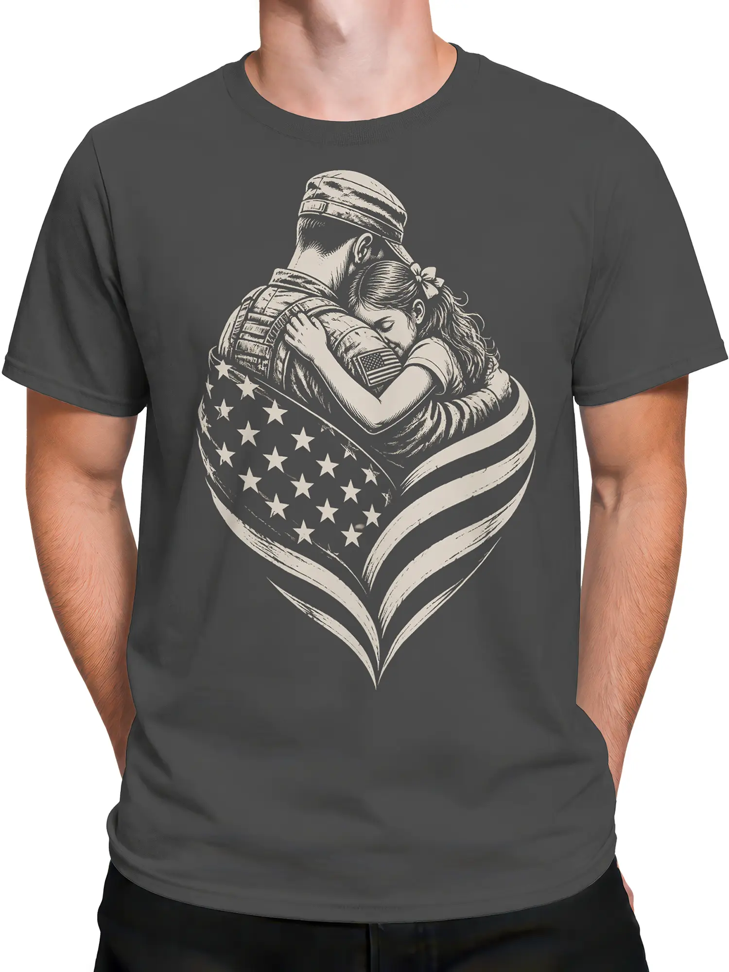 Male torso wearing a gray soldier T-shirt with an American flag heart embrace graphic