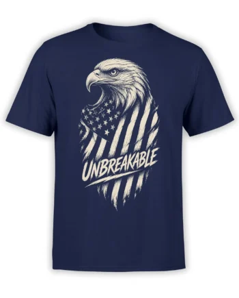Distressed cream eagle and American flag graphic with UNBREAKABLE text on a navy T-shirt
