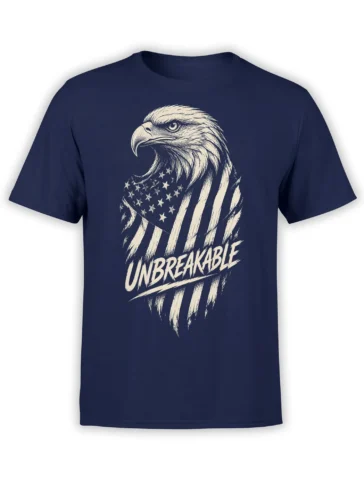 Distressed cream eagle and American flag graphic with UNBREAKABLE text on a navy T-shirt