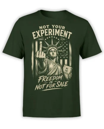 Green USA T-shirt featuring Lady Liberty, American flags, 1776 stars, and a bold freedom message
