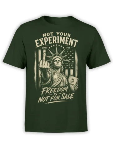 Green USA T-shirt featuring Lady Liberty, American flags, 1776 stars, and a bold freedom message