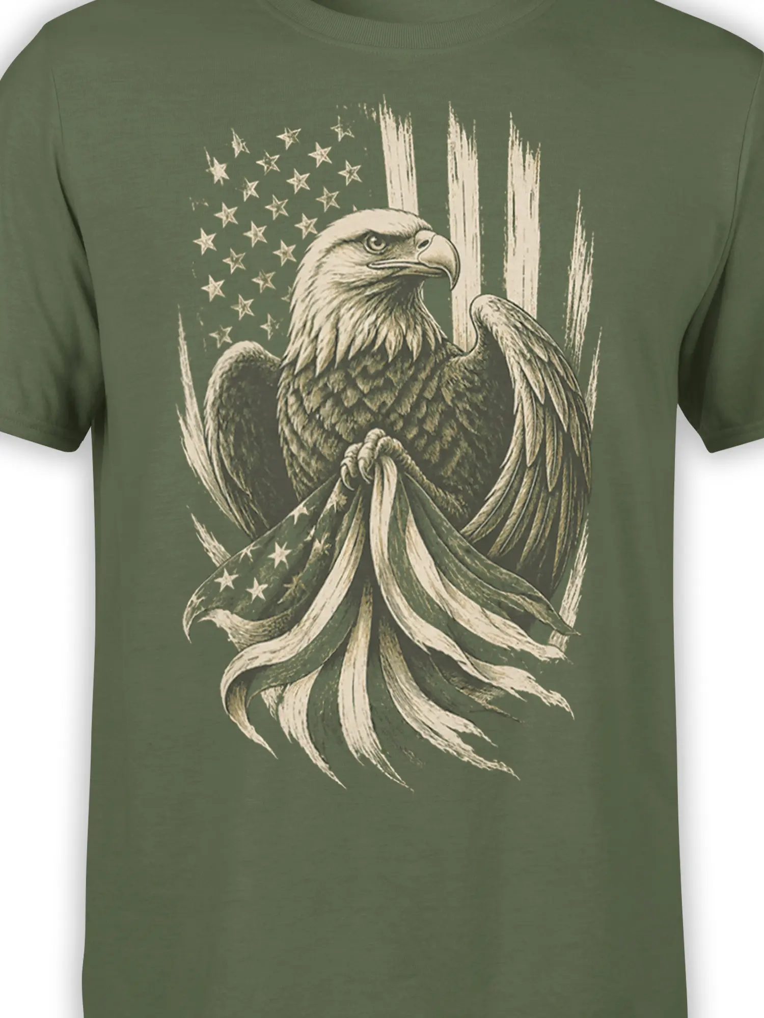 Close-up of vintage bald eagle and American flag artwork on a green T-shirt