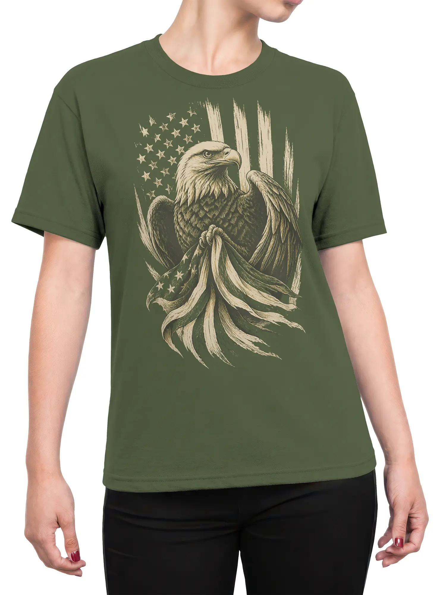 Female torso wearing a green T-shirt with vintage eagle and American flag artwork