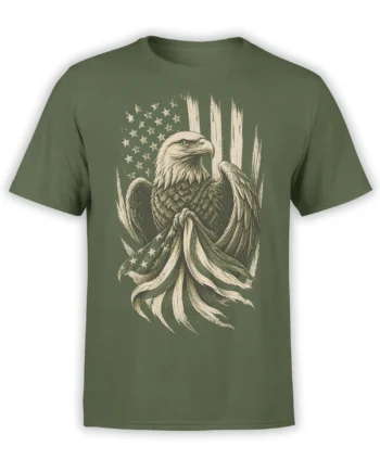 Vintage bald eagle holding an American flag beneath stars on a green T-shirt