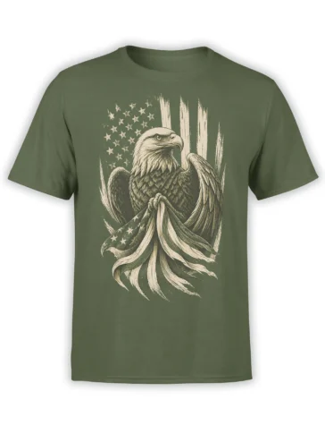Vintage bald eagle holding an American flag beneath stars on a green T-shirt