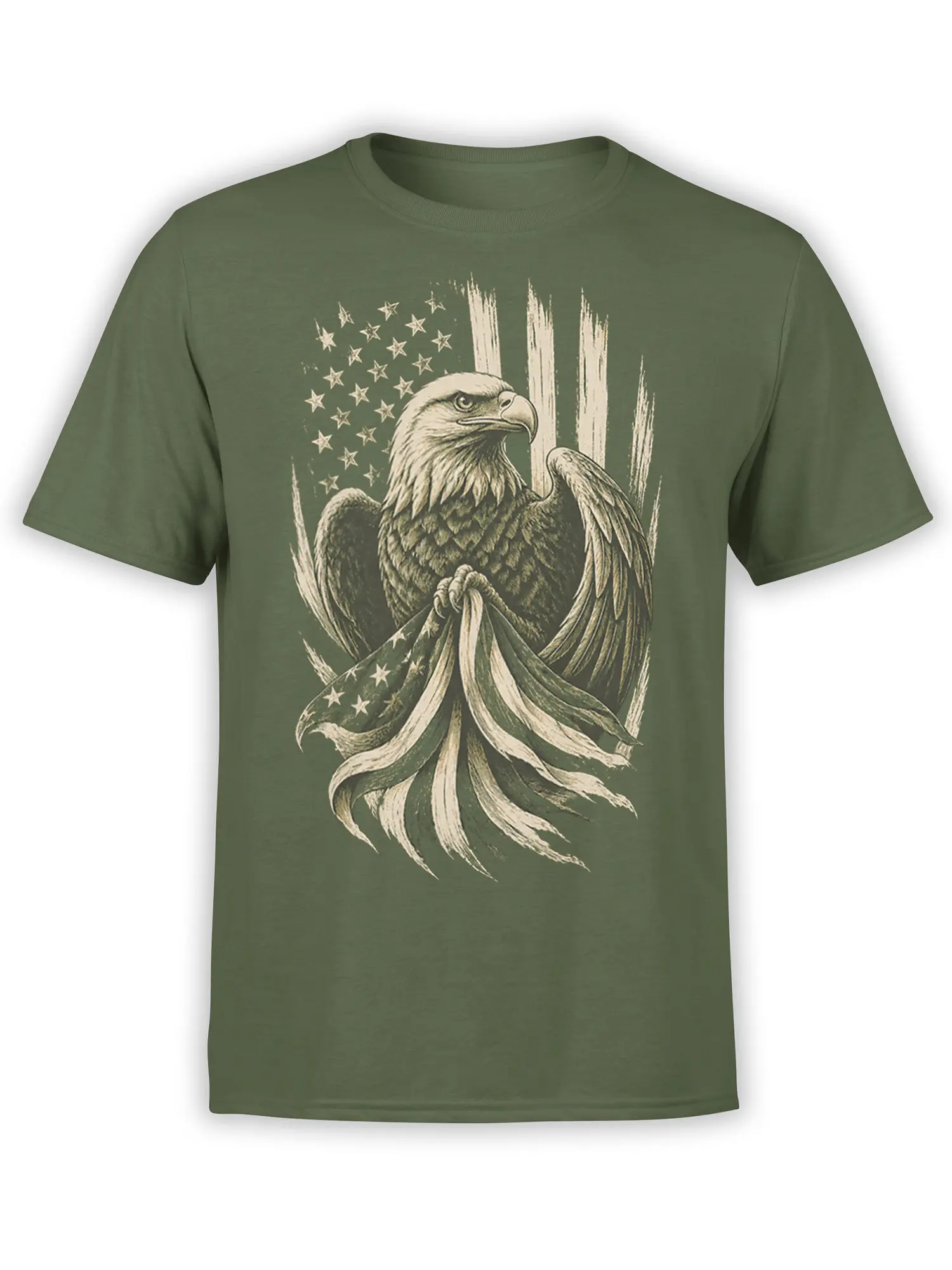 Vintage bald eagle holding an American flag beneath stars on a green T-shirt