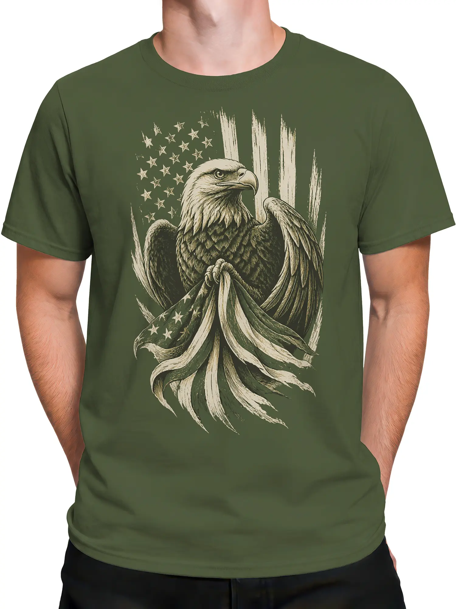 Male torso wearing a green T-shirt with vintage bald eagle and flag artwork