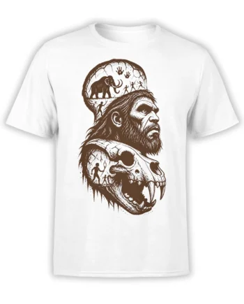 White T-shirt with brown prehistoric man profile, skull, mammoth, and cave art illustration
