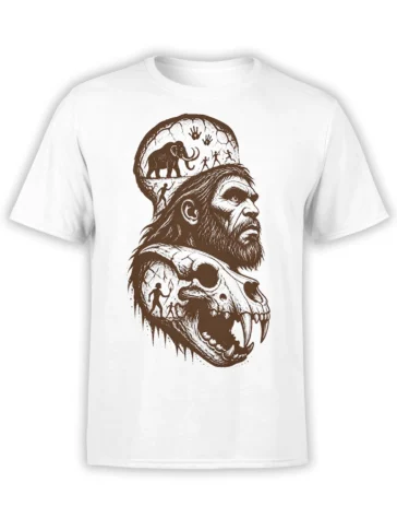 White T-shirt with brown prehistoric man profile, skull, mammoth, and cave art illustration