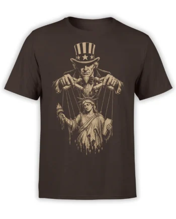 Brown T-shirt with a vintage beige illustration of a star-spangled puppet master controlling Lady Liberty with strings