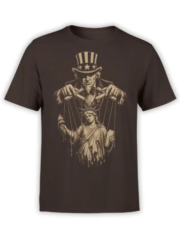 Brown T-shirt with a vintage beige illustration of a star-spangled puppet master controlling Lady Liberty with strings