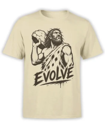 Beige caveman T-shirt with a vintage black illustration of a bearded man holding a large stone above LOVE lettering