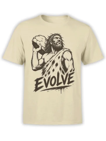 Beige caveman T-shirt with a vintage black illustration of a bearded man holding a large stone above LOVE lettering