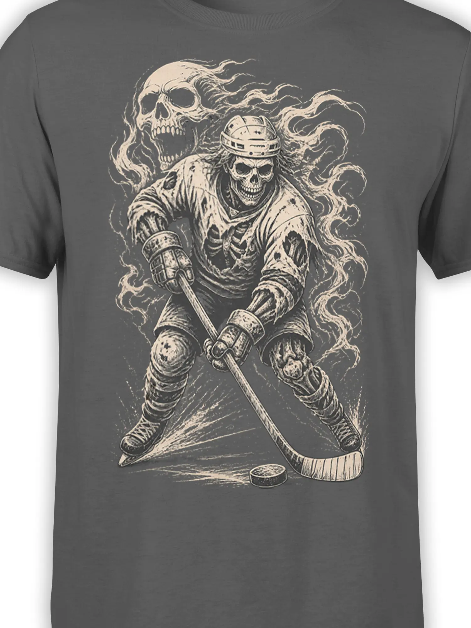 Detailed skeleton hockey player graphic with helmet, protective gear, hockey stick, puck, and skull on gray fabric
