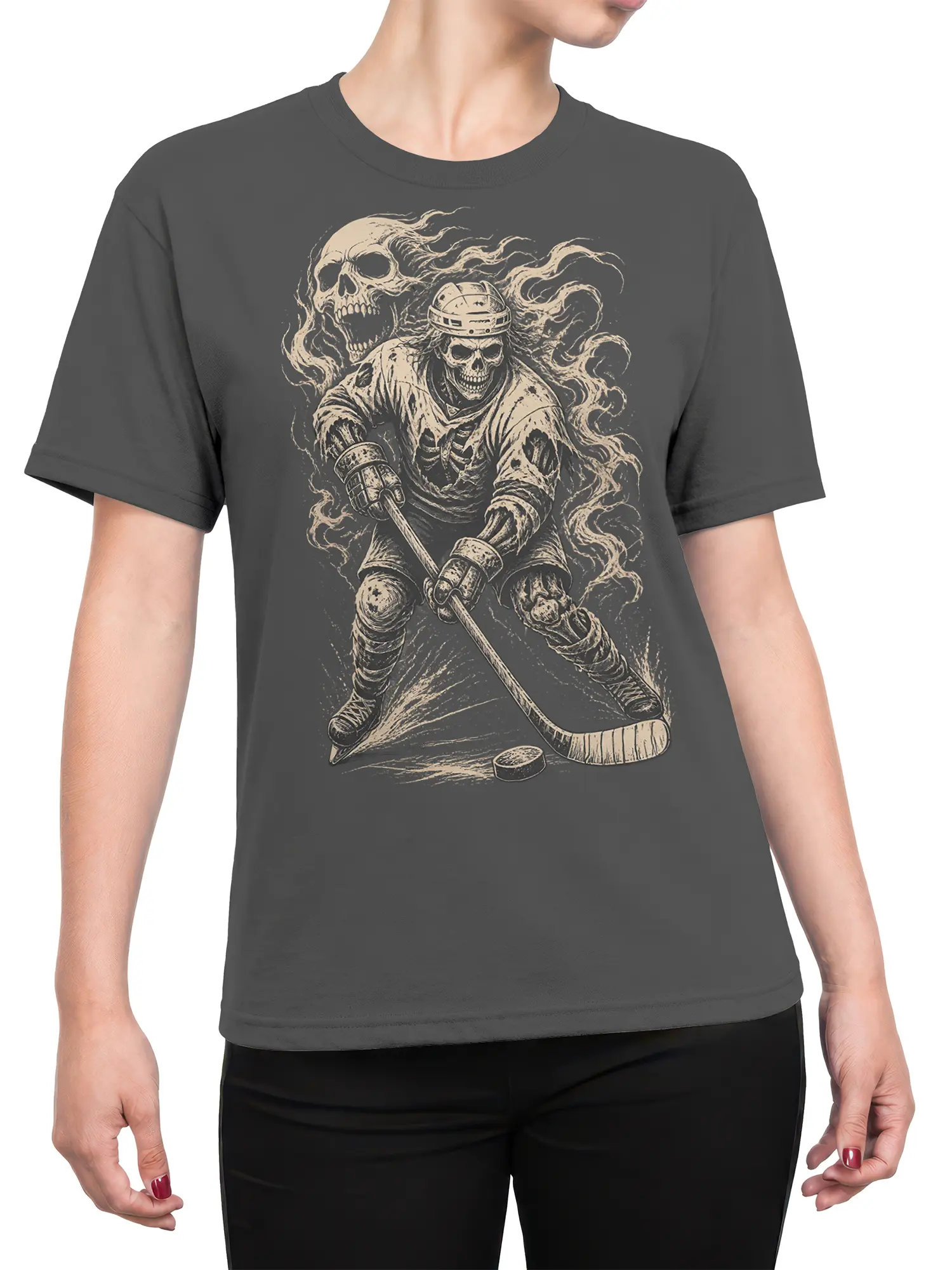Female torso wearing a gray skeleton hockey T-shirt with ghostly skull artwork and a hockey stick design