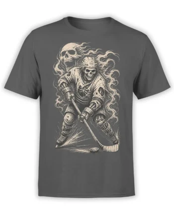 Skeleton hockey player with a stick and puck beneath a ghostly skull on a gray T-shirt