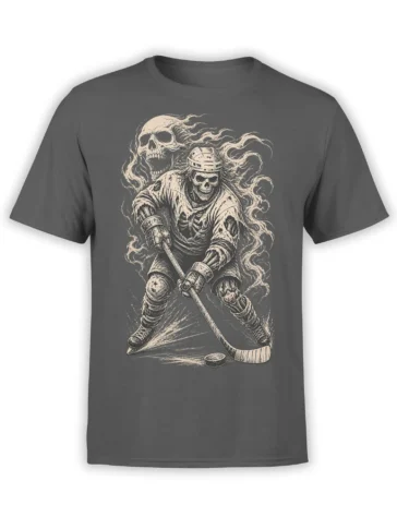 Skeleton hockey player with a stick and puck beneath a ghostly skull on a gray T-shirt