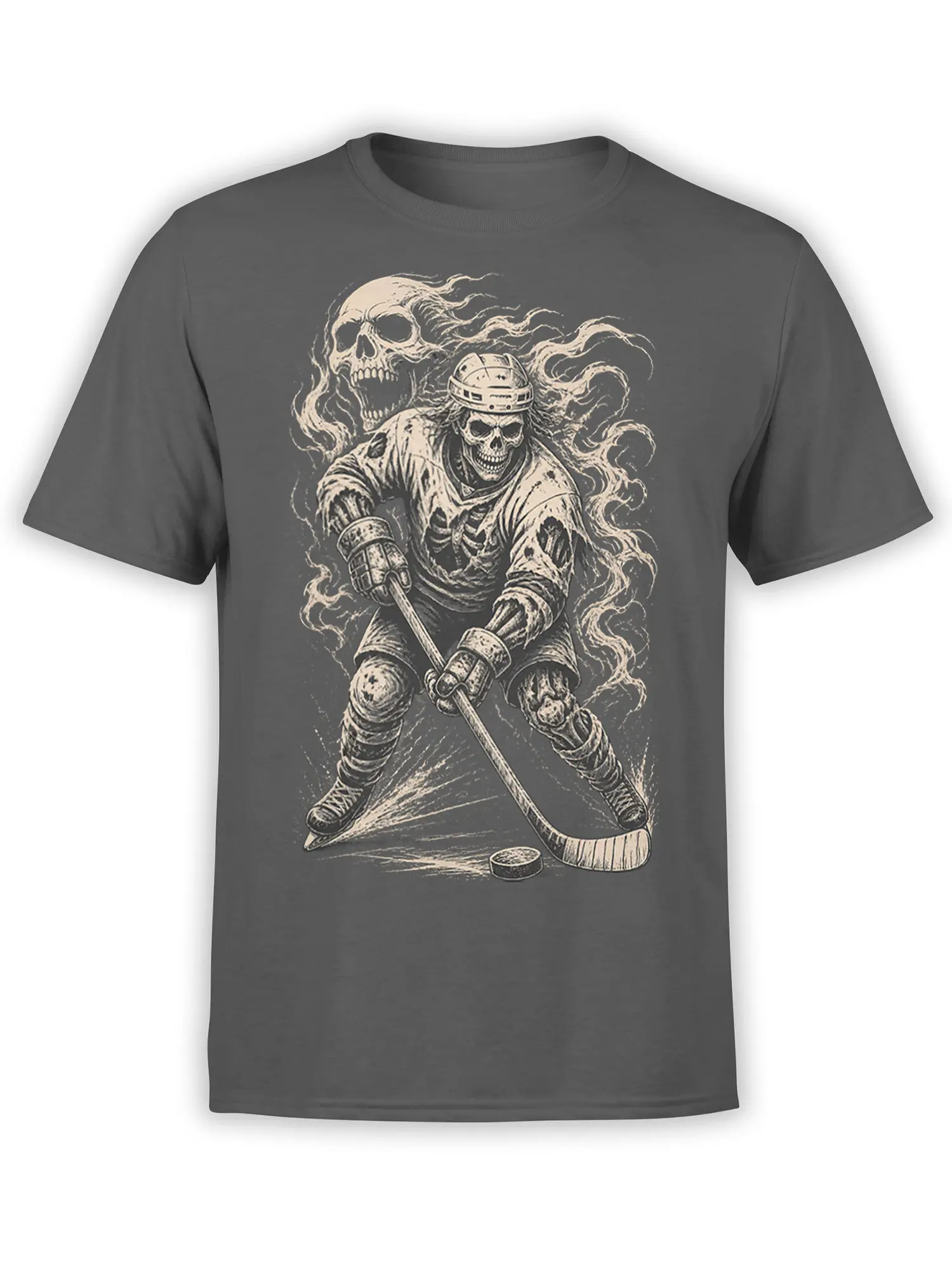 Skeleton hockey player with a stick and puck beneath a ghostly skull on a gray T-shirt