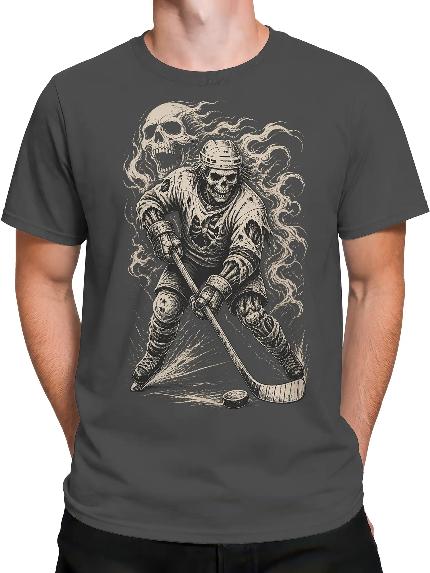 Male torso wearing a gray hockey T-shirt with skeleton player, hockey stick, puck, and ghostly skull artwork