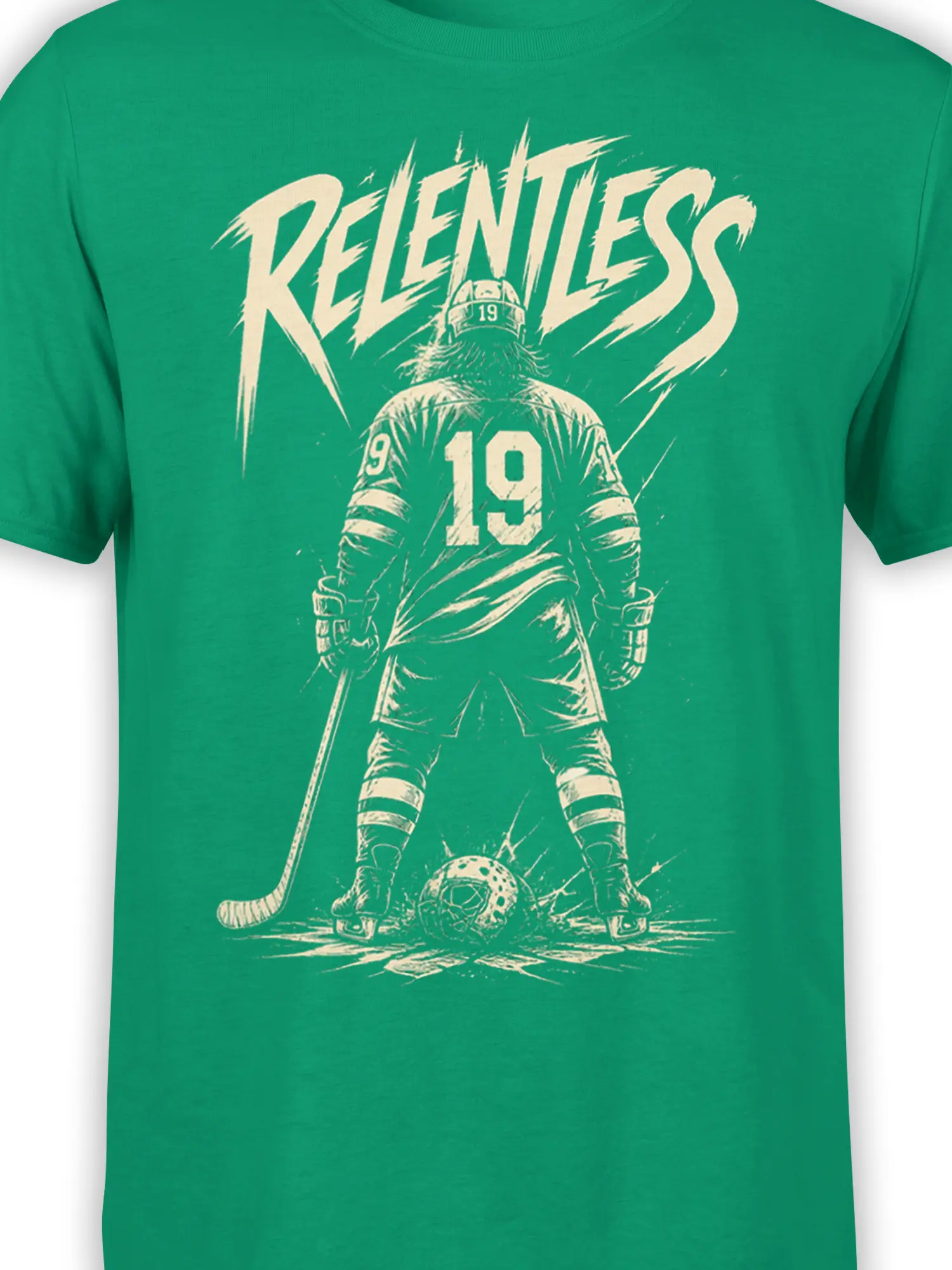 Close-up of cream RELENTLESS hockey artwork and number 19 on a green T-shirt