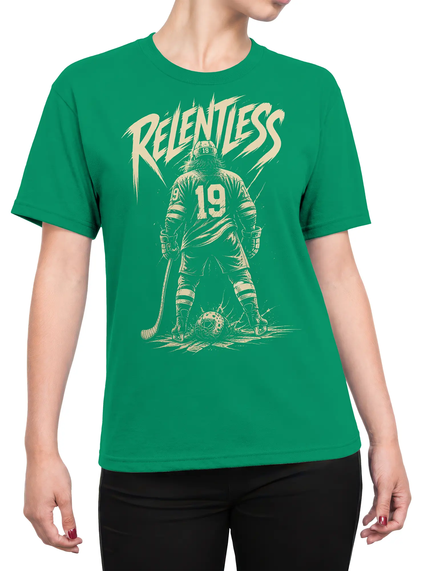 Female torso wearing a green T-shirt with a cream Relentless hockey player and number 19 graphic