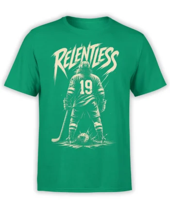 Green hockey player T-shirt with cream RELENTLESS lettering, number 19, hockey stick, and puck graphic