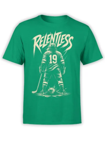 Green hockey player T-shirt with cream RELENTLESS lettering, number 19, hockey stick, and puck graphic