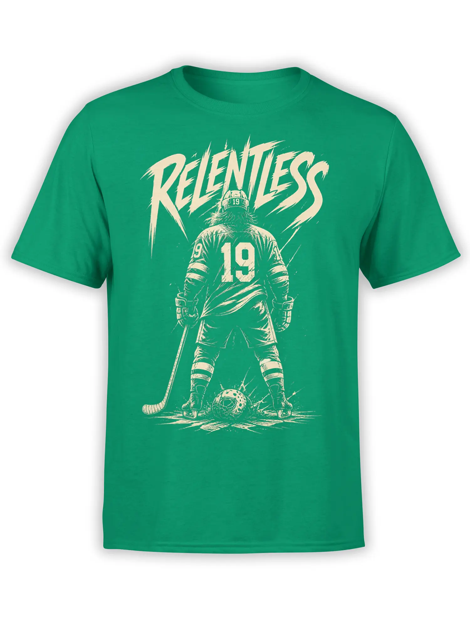 Green hockey player T-shirt with cream RELENTLESS lettering, number 19, hockey stick, and puck graphic