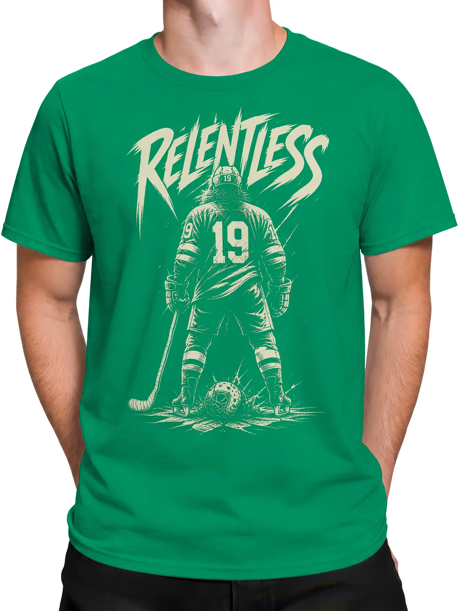 Male torso wearing a green Relentless hockey T-shirt with a vintage hockey player graphic