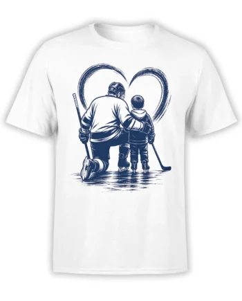 White hockey T-shirt with an adult player and young skater standing together beneath a navy heart