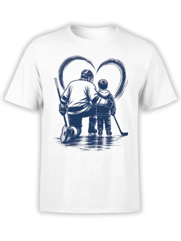 White hockey T-shirt with an adult player and young skater standing together beneath a navy heart