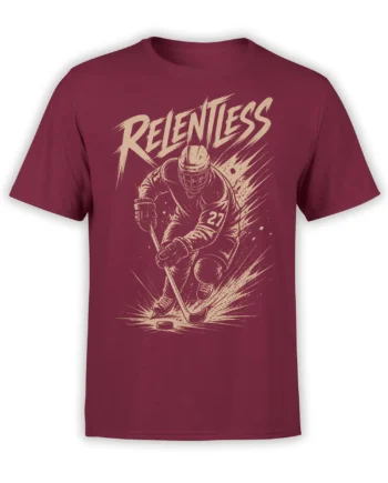 Burgundy hockey T-shirt with cream action artwork, a skating player, puck, stick, number 27, and Relentless text