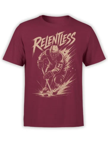Burgundy hockey T-shirt with cream action artwork, a skating player, puck, stick, number 27, and Relentless text