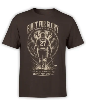 Brown hockey T-shirt with a vintage player number 27, fierce wolf eyes, and bold cream lettering
