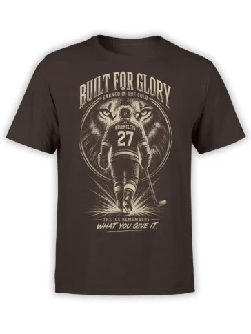 Brown hockey T-shirt with a vintage player number 27, fierce wolf eyes, and bold cream lettering