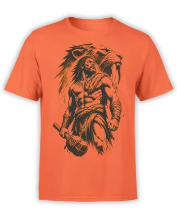 Orange T-shirt featuring a bearded primal warrior with a club and giant saber-toothed feline behind him