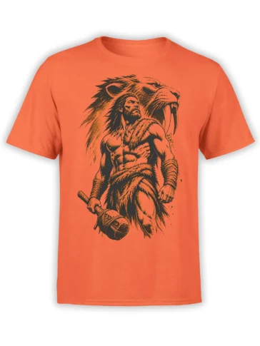 Orange T-shirt featuring a bearded primal warrior with a club and giant saber-toothed feline behind him