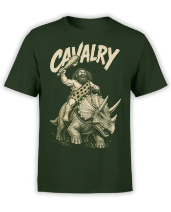Green T-shirt with a vintage caveman riding a horned dinosaur beneath bold CAVALRY lettering