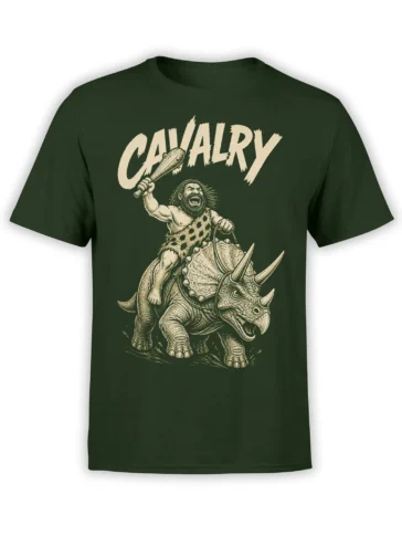 Green T-shirt with a vintage caveman riding a horned dinosaur beneath bold CAVALRY lettering