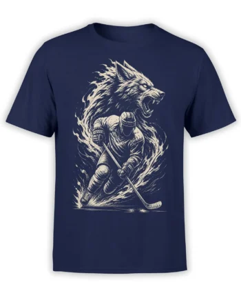 Vintage wolf hockey warrior design with stick, puck, and flames printed on a navy T-shirt