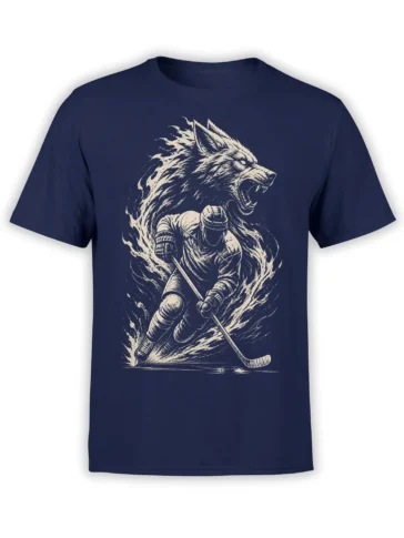 Vintage wolf hockey warrior design with stick, puck, and flames printed on a navy T-shirt