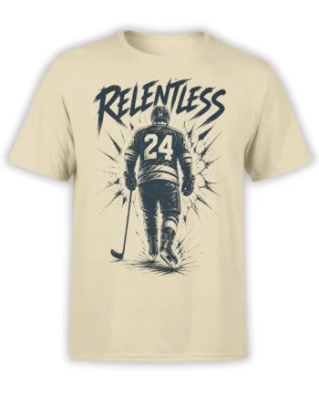 Beige ice hockey T-shirt with a vintage player wearing number 24 beneath bold RELENTLESS lettering