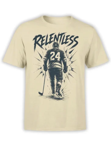 Beige ice hockey T-shirt with a vintage player wearing number 24 beneath bold RELENTLESS lettering