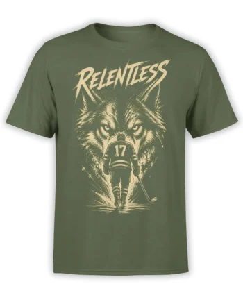 Relentless hockey player and wolf graphic printed in cream on a green T-shirt