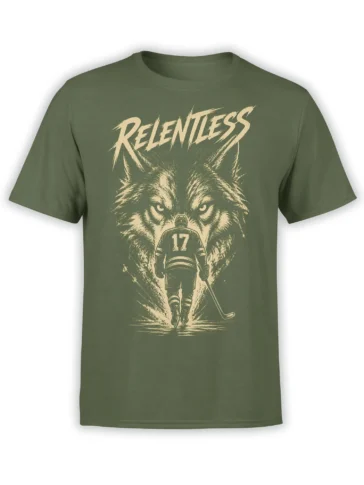Relentless hockey player and wolf graphic printed in cream on a green T-shirt